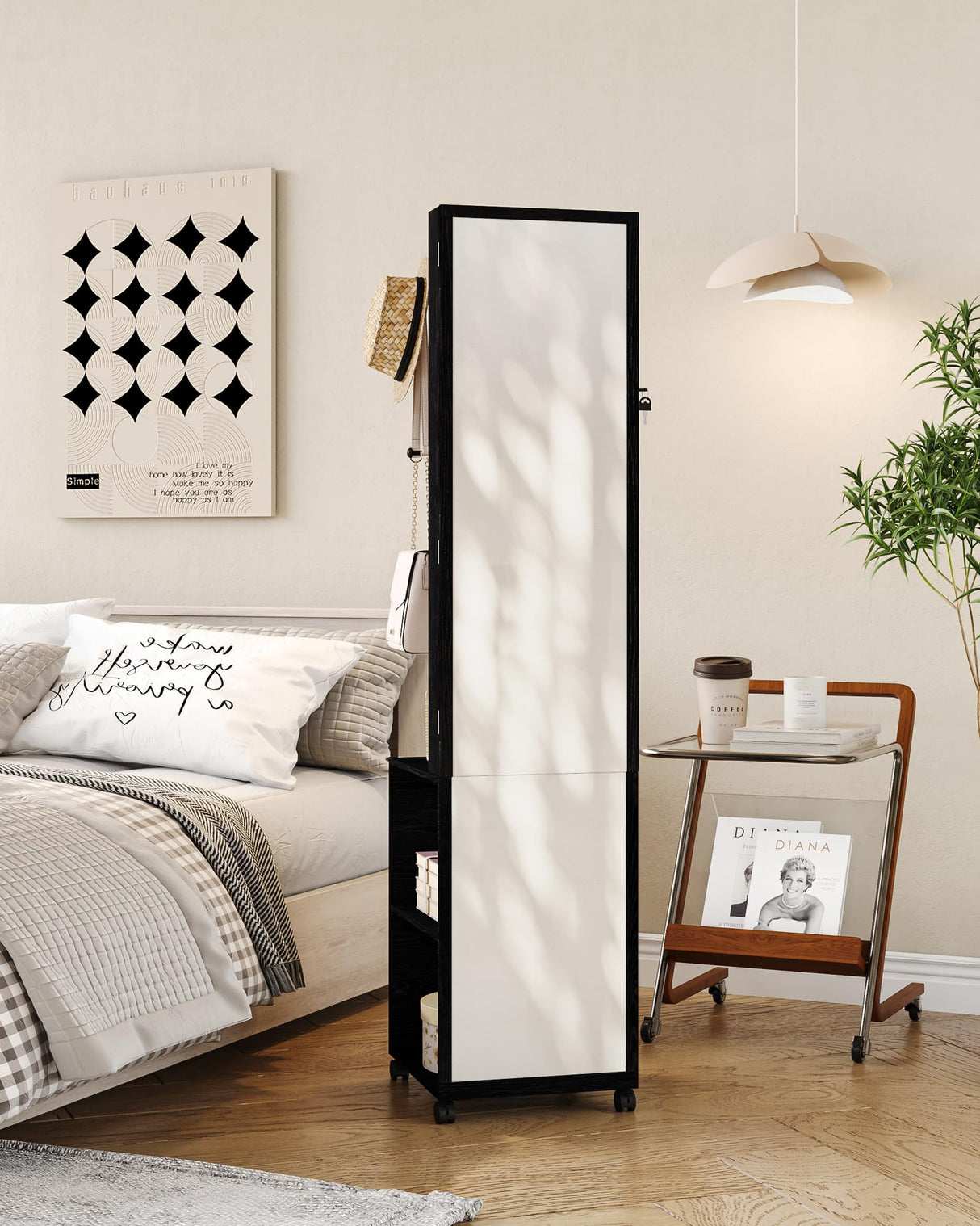 Hzuaneri 8 LEDs Jewelry Cabinet Armoire, 64.8-inch Jewelry Organizer with Garment Rack, Lockable Full-length Mirror with 4 Wheels, Storage Shelves with Hooks, 5-in-1, Black JC17004B Hzuaneri