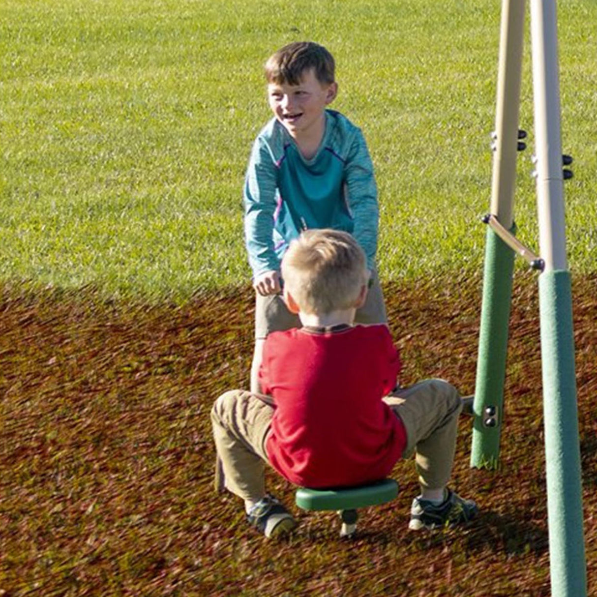 XDP Recreation Crestview Outdoor Play Kids Metal Backyard Playset Swing Set with 2 Swings, Slide, Stand N Swing, Fun Glider, and See Saw, Green/Tan XDP RECREATION