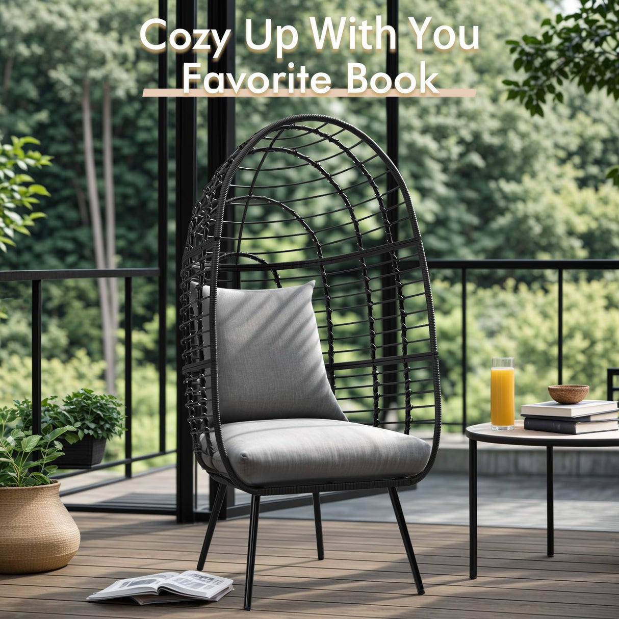 JOIVI Wicker Egg Chair, Oversized Indoor Outdoor Lounger Large Egg Basket Chair with Stand and Cushions for Patio Porch, Backyard, Living Room, Balcony (Black Rattan, Gray Cushion) JOIVI