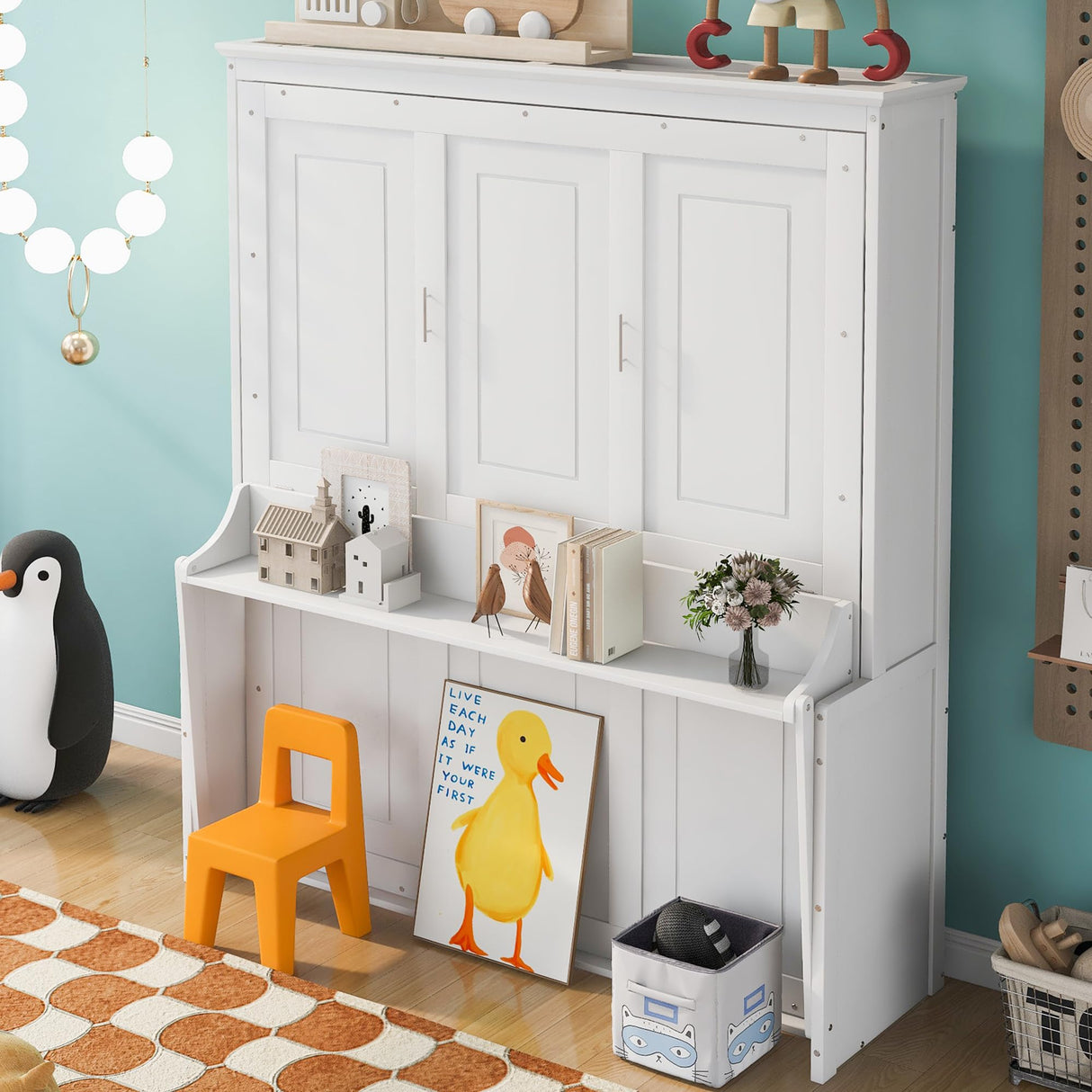 Queen Size Murphy Bed with Foldable Shelf/Desk, Wall Bed cabinet with Storage Shelves, Solid Pine Wood Murphy Bed Frame with Desk for Bedroom, Small Space,with Slats Support,No Need Spring Box.(White) Bellemave