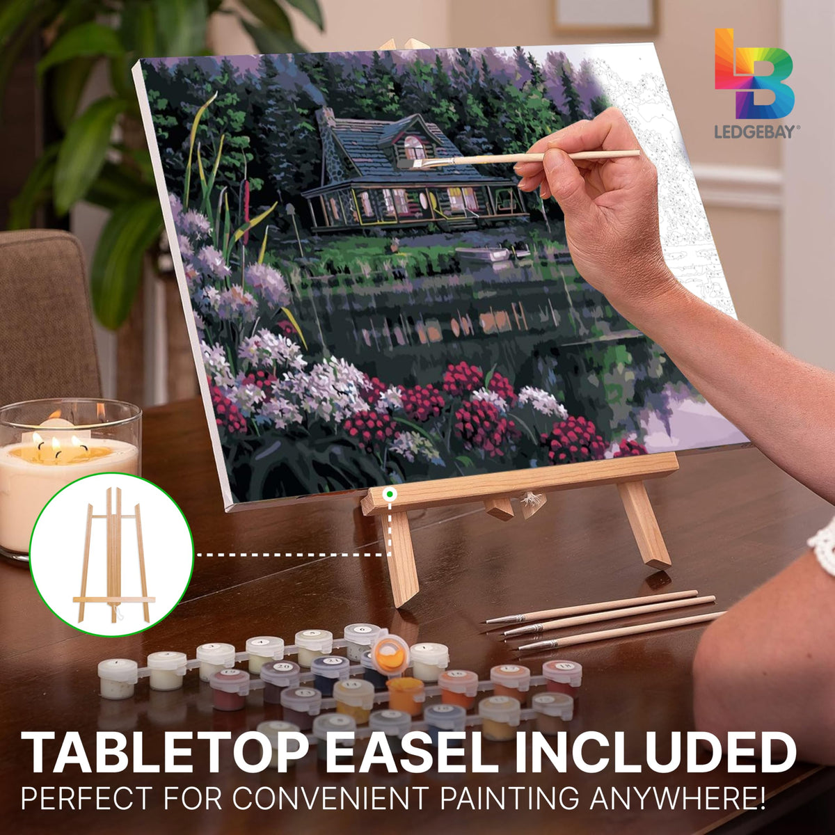 Ledgebay DIY Paint by Numbers Kit for Adults Framed Canvas Beginner to Advanced Paint by Numbers Kit Kits Include Acrylic Paint Set Brushes Tabletop Easel (Still Waters 12" x 16" Framed) Ledgebay