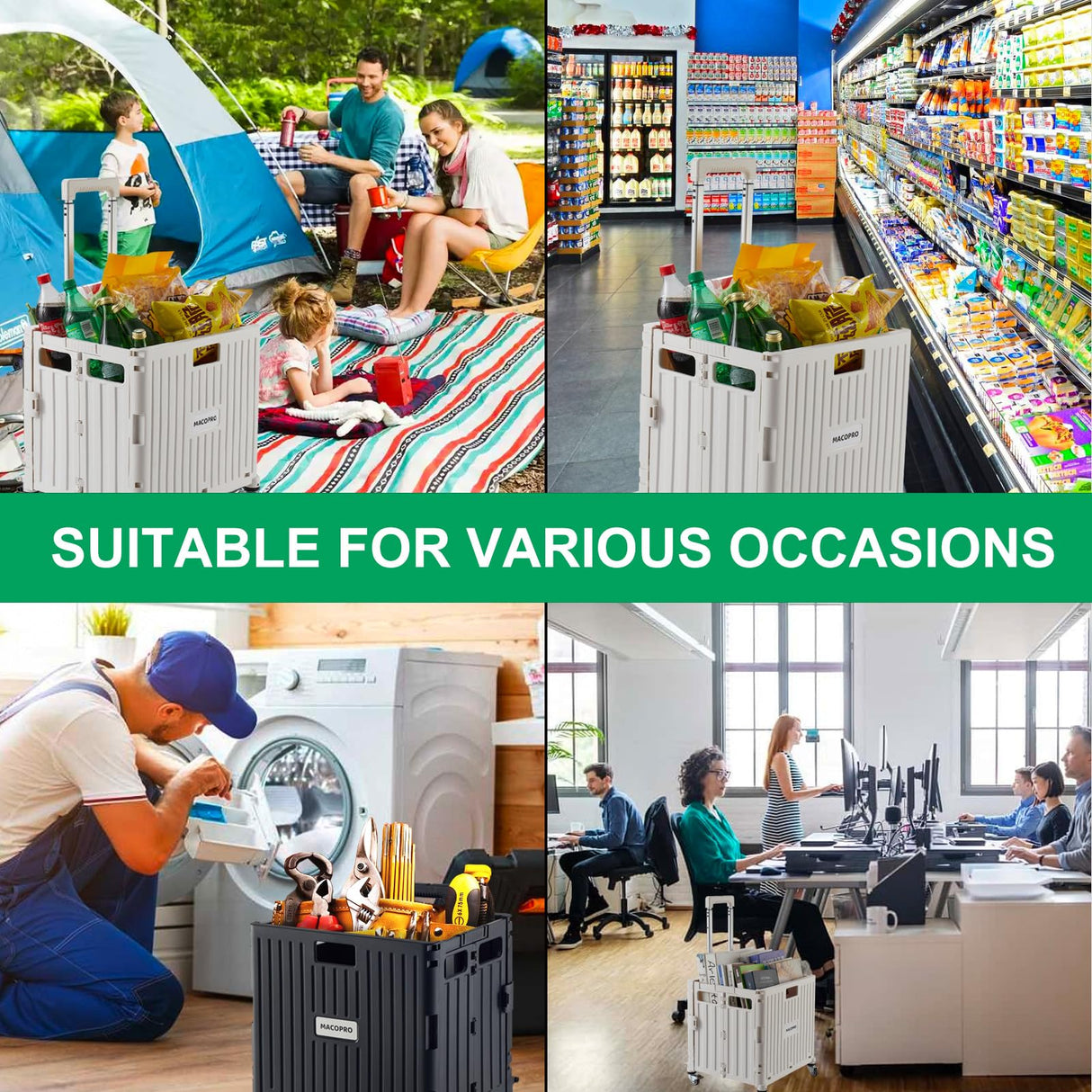 Foldable Utility Cart Folding Portable Rolling Crate Handcart with Durable Heavy Duty Plastic Telescoping Handle Collapsible 4 Rotate Wheels for Travel,Shopping, Luggage, Office, Teacher(White) MACOPRO