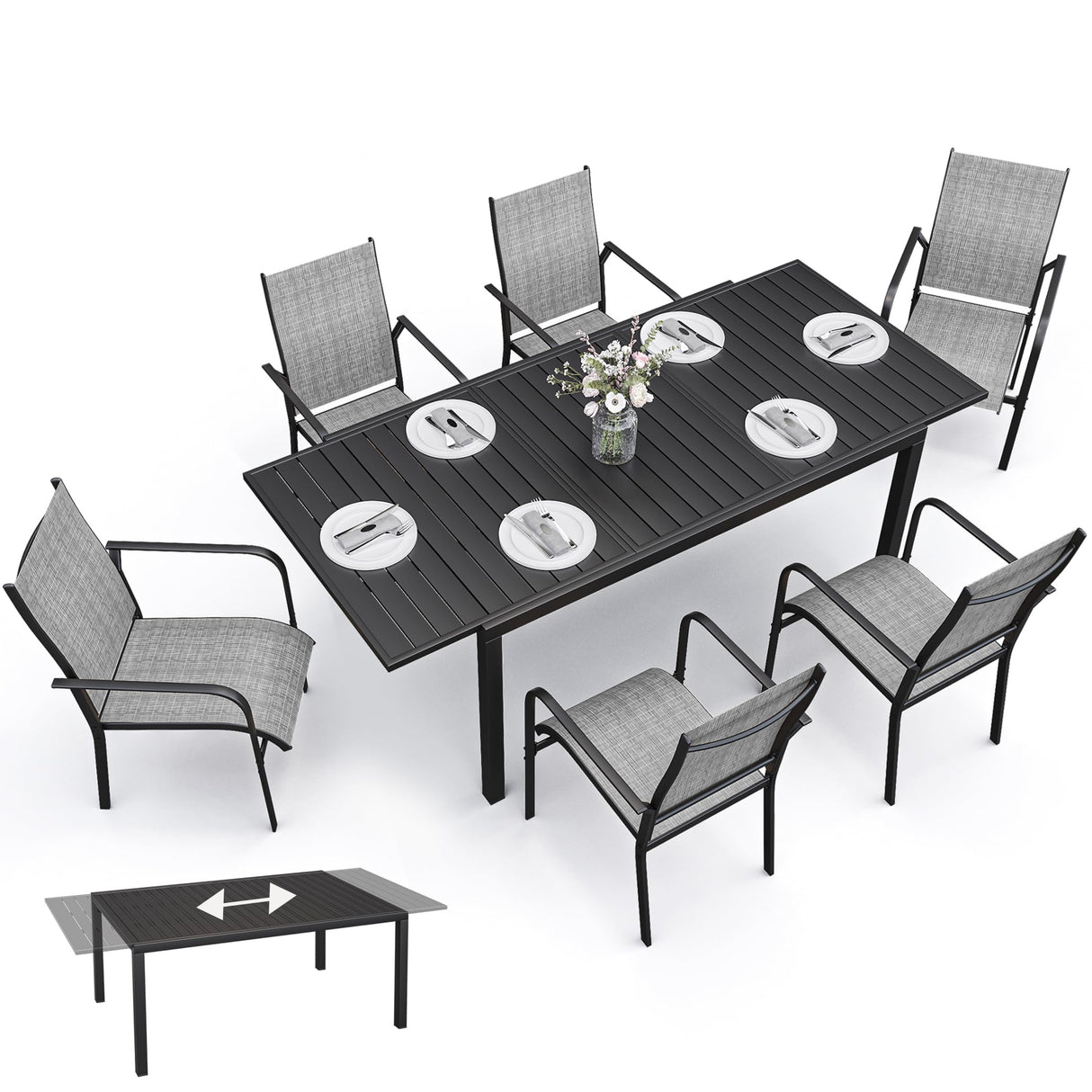 BUPPLEE 38"-84" Extendable Outdoor Dining Table Set for 4-8 Person, Rectangular Outdoor Furniture Adjustable Table & 6Pcs Textilene Chairs for Porch,Backyard, Garden, Poolside and Deck-7 Piece Grey BUPPLEE
