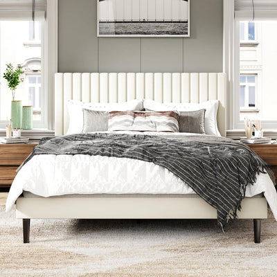 Sismplly King Size Bed Frame with Velvet Upholstered Headboard, Platform Bed with Strong Wood Slats, Mattress Foundation, Box Spring Optional, Easy Assembly, Beige