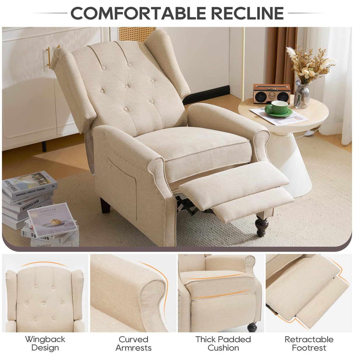 P.H.Furn Wingback Recliner Chair with Massage and Heat, Upholstered Fabric Living Room Chair Armchair with Nailhead Trim,Push Back Recliner Chair with Remote Control,Padded Cushion P.H.Furn