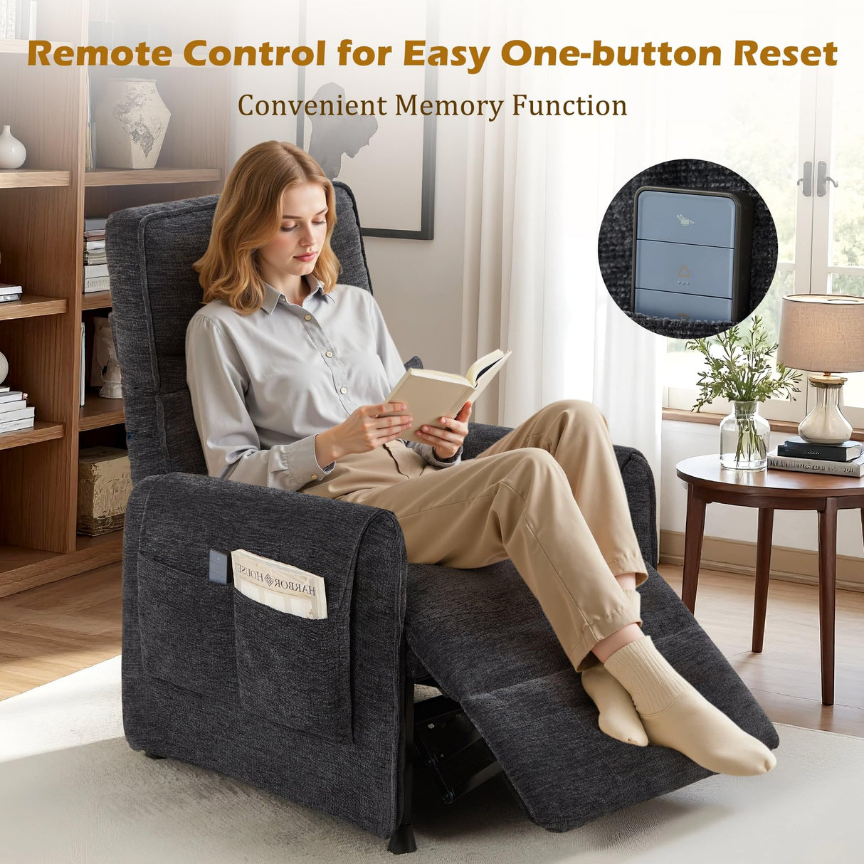 Korser Power Recliner Chair, Small Recliners for Small Spaces, Electric Recliner Chairs for Adults with Memory Function, Reclining Chair with Remote, Pillow and Side Pockets, Living Room, Chenille Korser