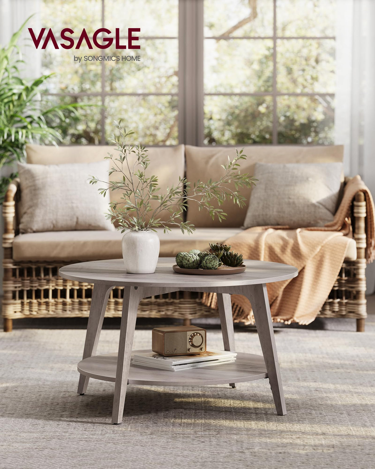 VASAGLE MAEZO Collection - Round Coffee Table, 2-Tier Center Table with Storage, Tapered Legs, Curved Transitions, 31.5 Dia. x 17.7 H Inches, Easy Assembly, for Living Room, Heather Greige ULCT243K02 VASAGLE