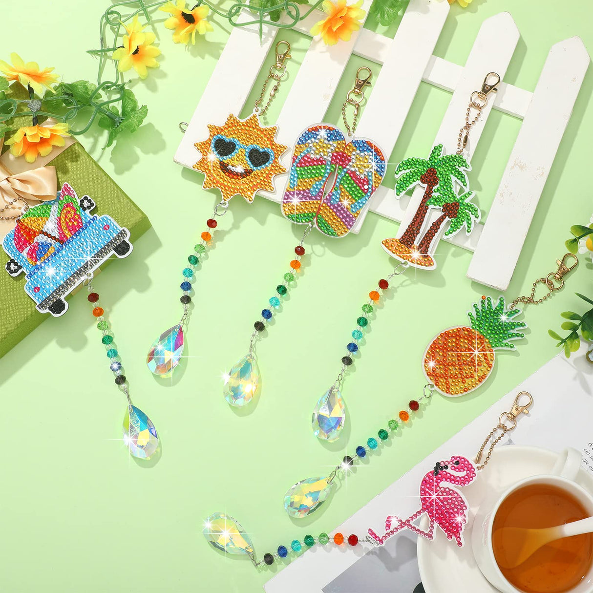 Wesiti 6 Pcs Summer Diamond Art Kits Double Sided Diamond Art Suncatchers Painting Wind Chimes Hanging Ornaments with Crystal Pendant for Adults Kids Summer Beach Home Window Decor DIY Craft Wesiti
