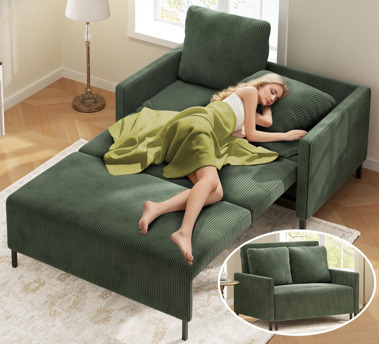 Corduroy Convertible Sofa Bed, 47" Loveseat Sleeper Sofa, Pull out Couch 618lb Capacity, Modern Sleeper Couch Bed 2 Fluffy Pillow Include, Small Couches for Small Spaces/Apartment/Office, Forest Green Domusensus