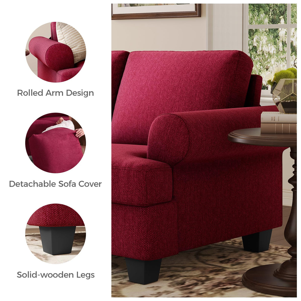 COPIAE 91 Inch Lawson Sofa with Extra Deep Seats Oversize, Mid-Century 3-Seat Sofa Couch, for Living Room, Apartment, Lounge, Red COPIAE