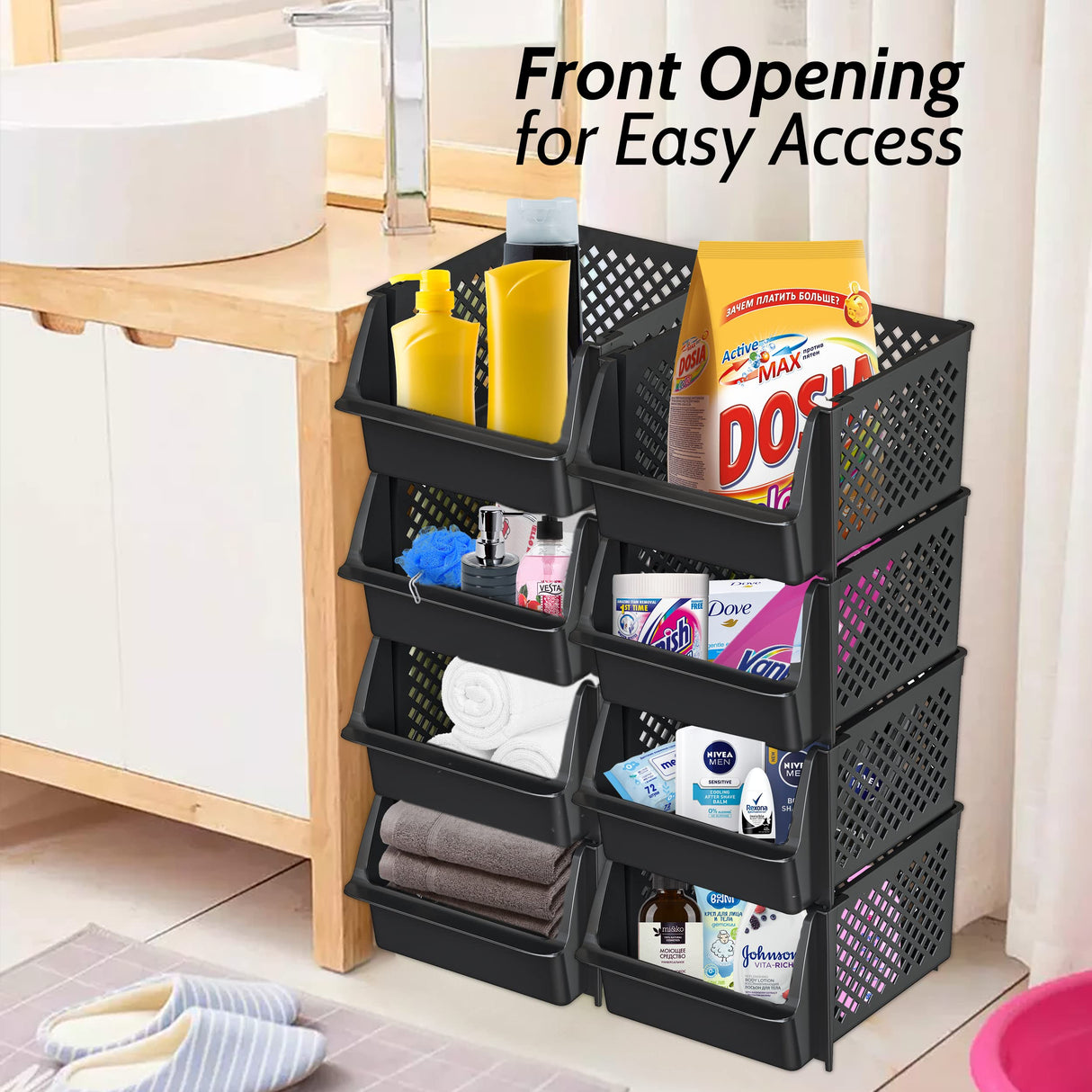 TidyFriend Stackable Storage Bins for Pantry Organizers and Storage 4 Pack, Pantry Storage for Food, Kitchen and Home Organization (Black) Skywin