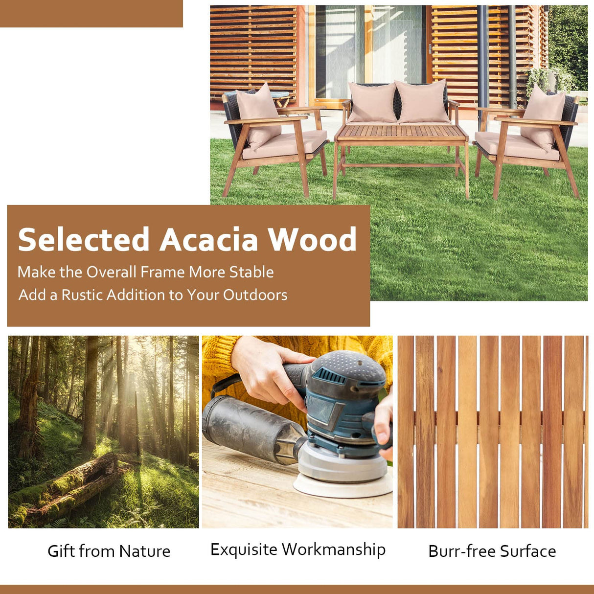 Tangkula 4-Piece Patio Furniture Set, Outdoor Acacia Wood Conversation Set with Cushions and Coffee Table, Outdoor PE Wicker Sectional Sofa Set for Garden, Poolside and Backyard (1, Beige) Tangkula