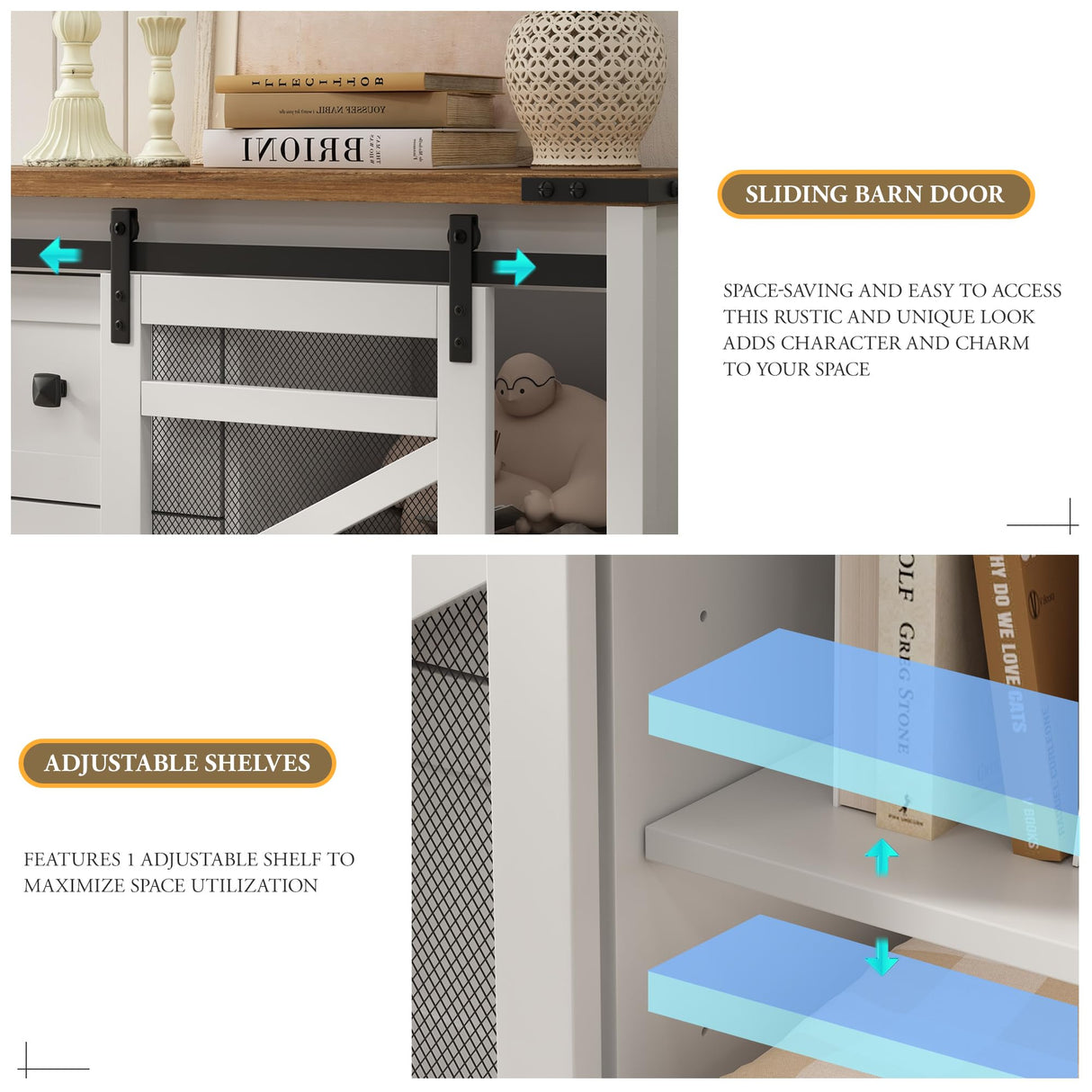 Vabches 5 Drawer Dresser, Sliding Barn Door, Farmhouse Tall Dresser Tall Chest of Drawers Storage Organizer Dresser for Bedroom Living Room, Entryway, White Vabches