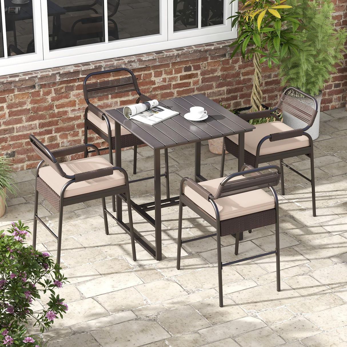 Tangkula 5-Piece Patio Rattan Bar Set, Counter Height Square Table with 4 Wicker Counter Stools, All-Weather Tabletop, Cushioned Outside Dining Set for Poolside, Backyard (Brown) Tangkula