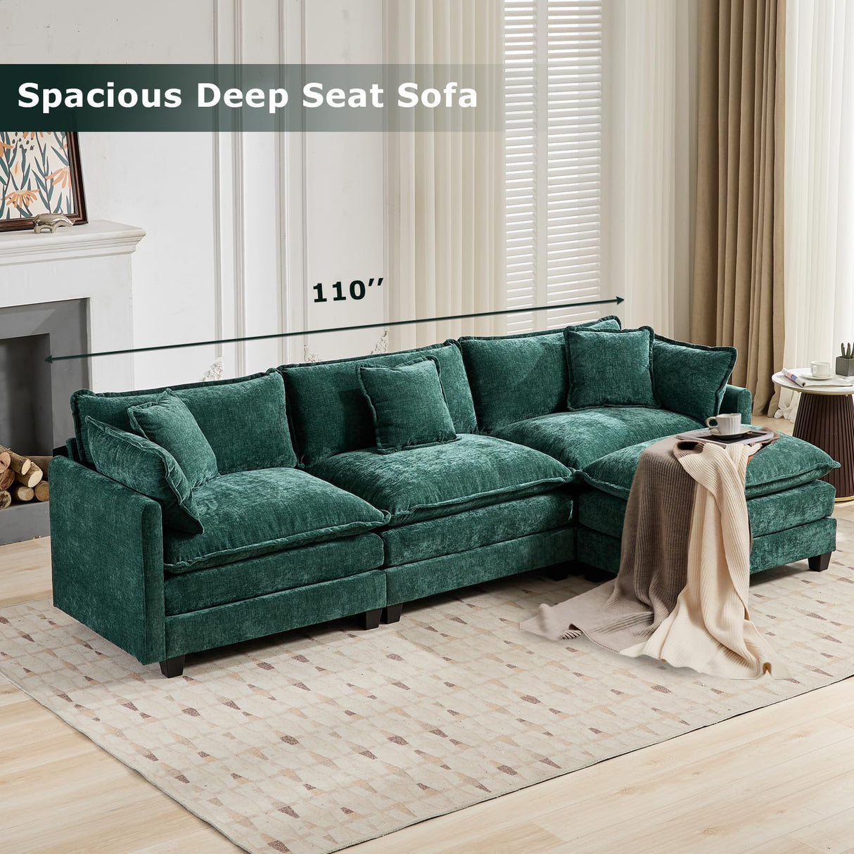 SoarFlash Chenille 71.6" Sectional Sofa, Comfy L Shaped Modular Coush Sofa with Ottoman, Modern 2 Seat Couch Deep Seat Sofa Set for Living Room,Green SoarFlash