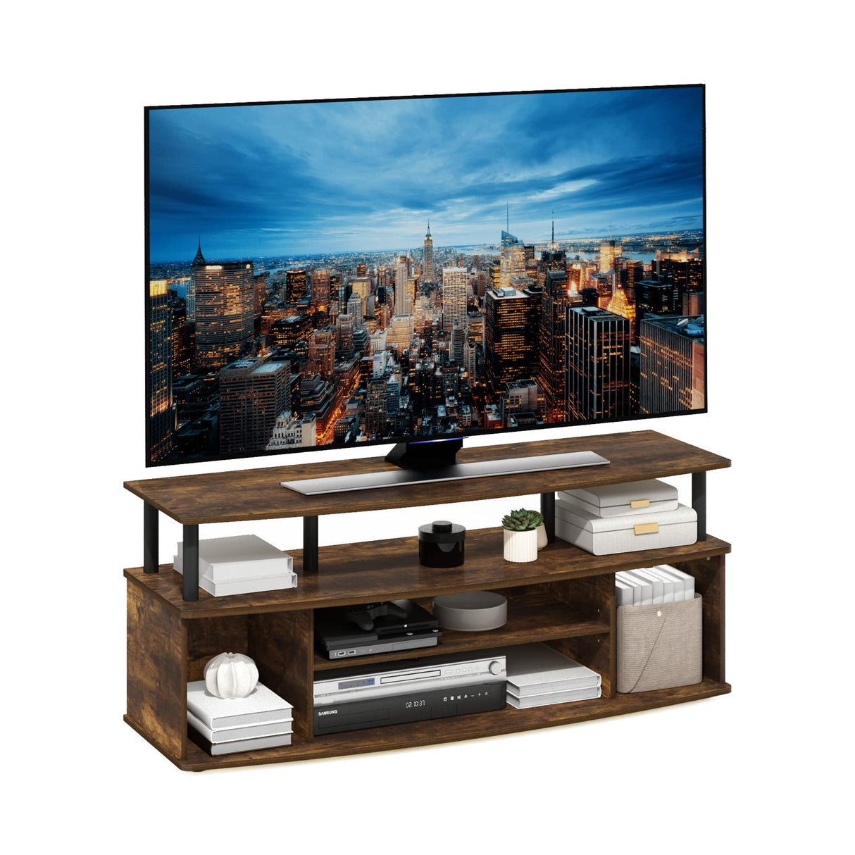 Furinno Jaya Large Entertainment Center Stand Unit/TV for up to 55 inch, Amber Pine/Black Furinno
