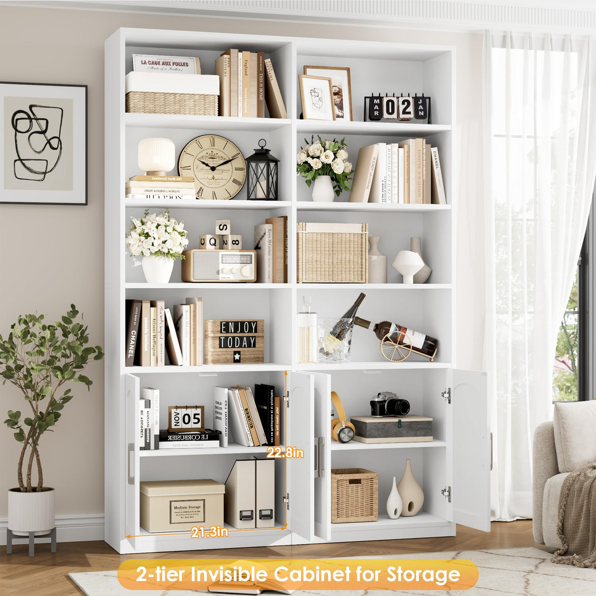FACBOTALL Bookshelf and Bookcase with Doors, 6 Tier Double Wide Large Bookshelves, Open Display Shelves, 73'' Tall Bookshelf with Storage Cabinets for Home Office, Living Room, Library, White FACBOTALL