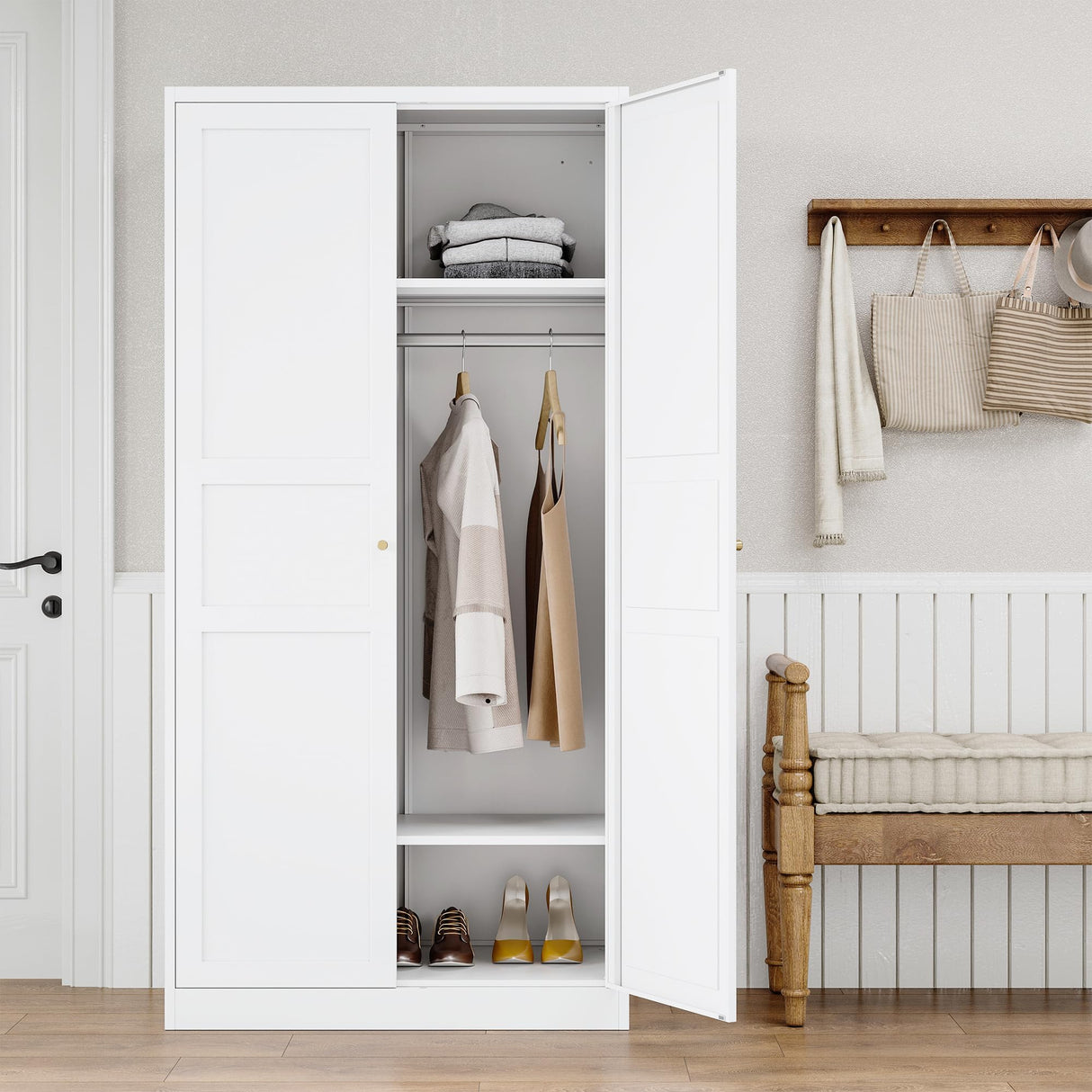 BYNSOE Metal Storage Locker 72'' Metal Wardrobe for Home Metal Storage Cabinet with Hanging Rod for Office Hospital Home Office Require Assembly (White, 72inch) BYNSOE