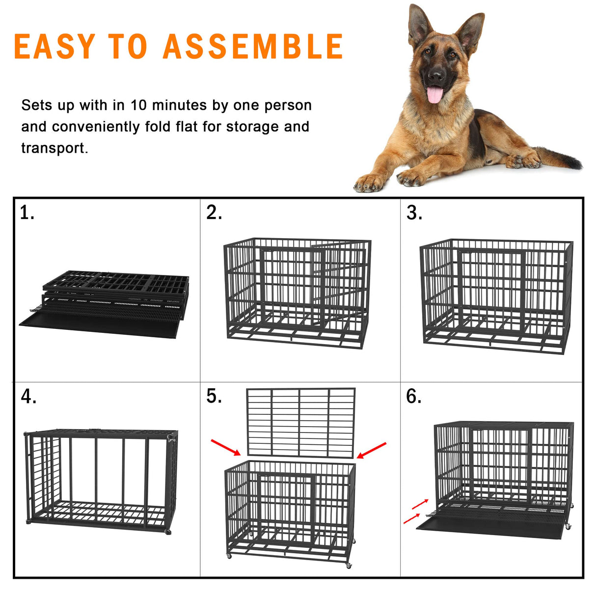 BOLDBONE 54/48/42/38 inch Heavy Duty Indestructible and Escape-Proof Dog Crate Cage Kennel for Large Dogs, High Anxiety Dog Crate with Removable Crate Trays, Wheels and Double Door, Extra Large XL XXL BOLDBONE
