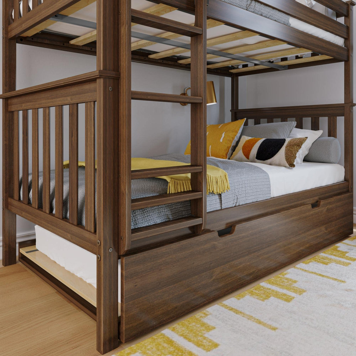 Max & Lily Bunk Bed, Twin-Over-Twin Bed Frame for Kids with Trundle, Walnut Max & Lily