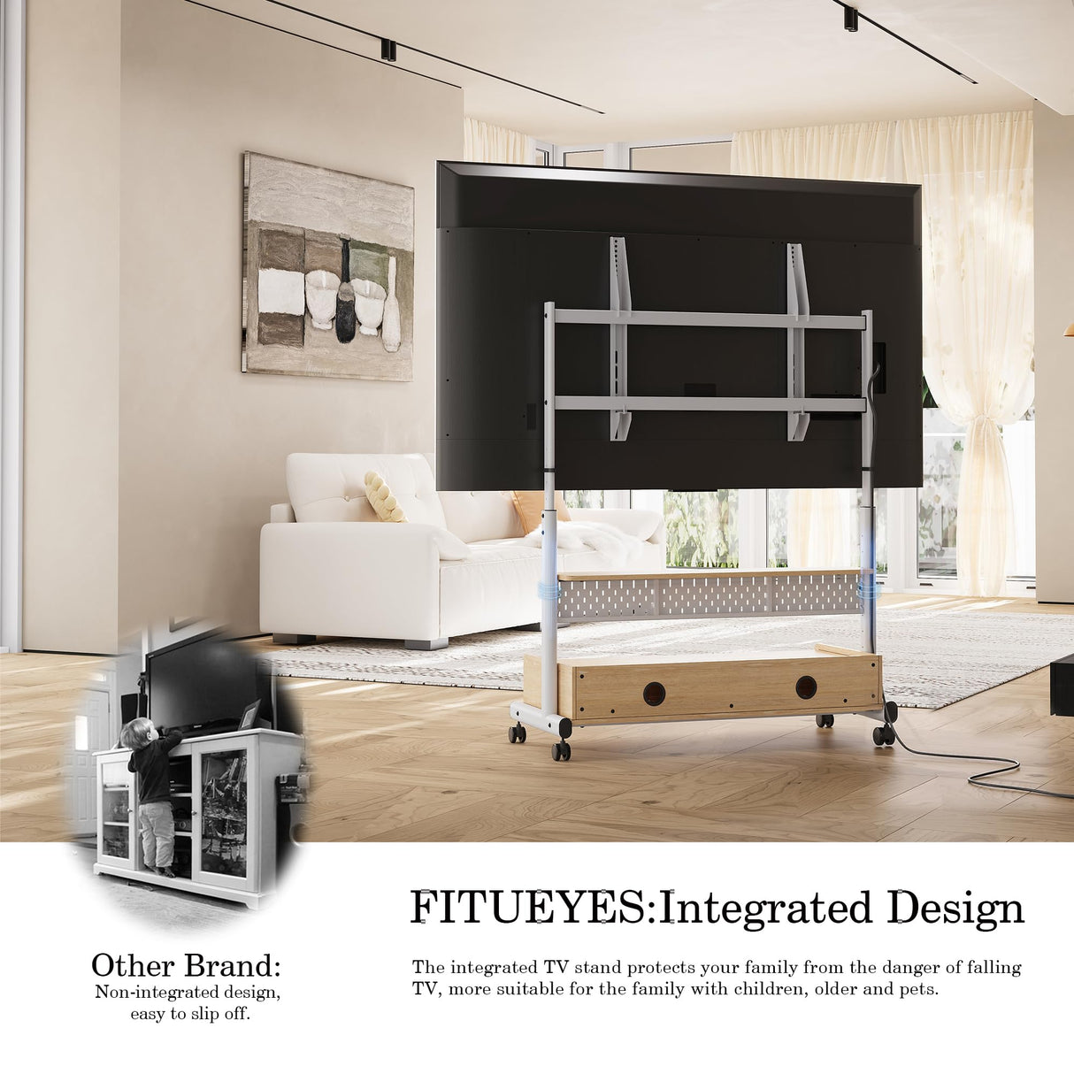 FITUEYES Rolling Floor TV Stand Mount for 70-100 Inch Large LCD/LED TVs TV Cart Heavy Duty Hold Up to 176 lbs Mobile Corner Stand with Mount for LCD/LED Flat Curved Screens with Wooden Large Storage FITUEYES