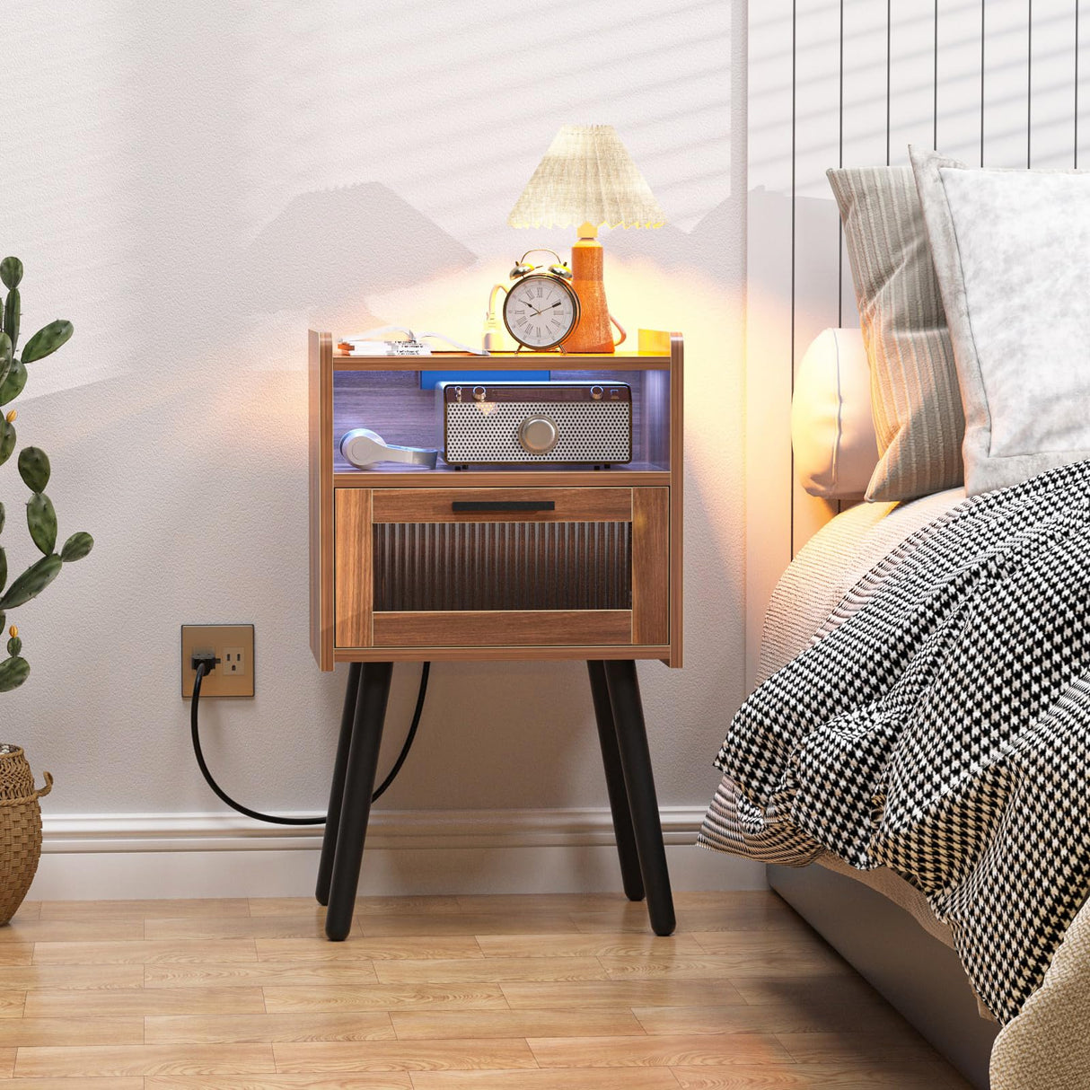 HAIOOU Set of 2 Mid Century Nightstand with Charging Station, Mid Century LED Light Modern End Table with Drawer, Glass Door, Open Shelf, Small Side Table Pine Wood Legs for Home Bedroom Living Room HAIOOU