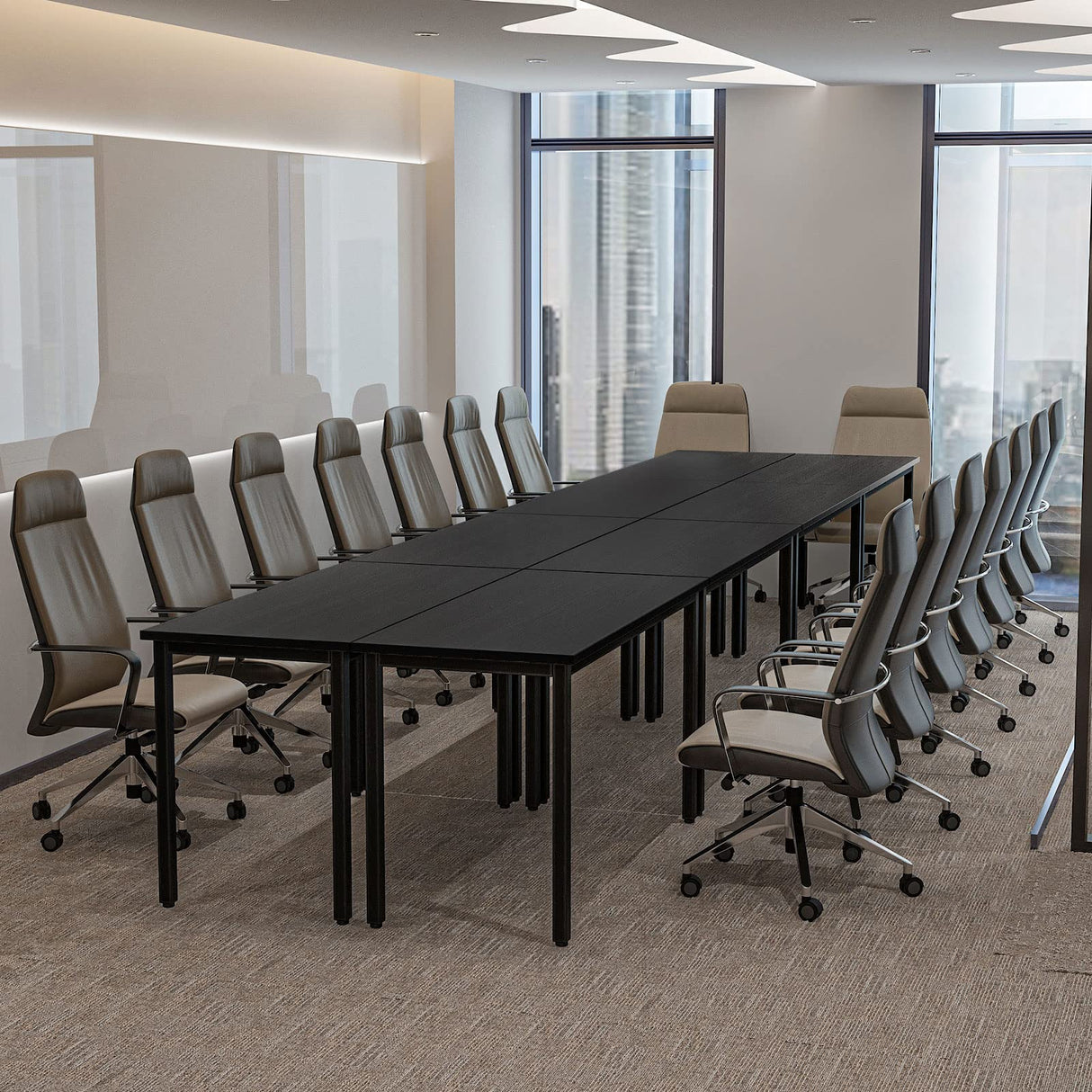 Bonzy Home Conference Tables 16ft Office Computer Desk for Meeting Room Study Writing Printer Table Meeting Seminar Table for 20 People Modern Black 8PCS (188.8"x47.2"x29.5", Black) Bonzy Home