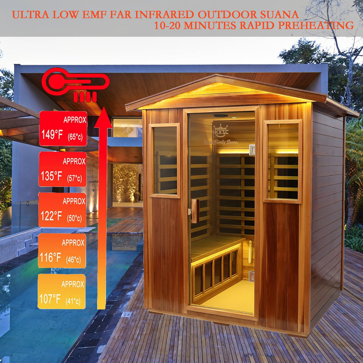 KUNSANA Red Cedar 4 Person Outdoor Ultra-Low EMF(0.5mg) Infrared Sauna, Multi-Person Home Sauna spa, 2160w,12 Heating Panels, LCD Control Panel, Bluetooth Speaker, Chromotherapy Lights, Reading lamp KUNSANA
