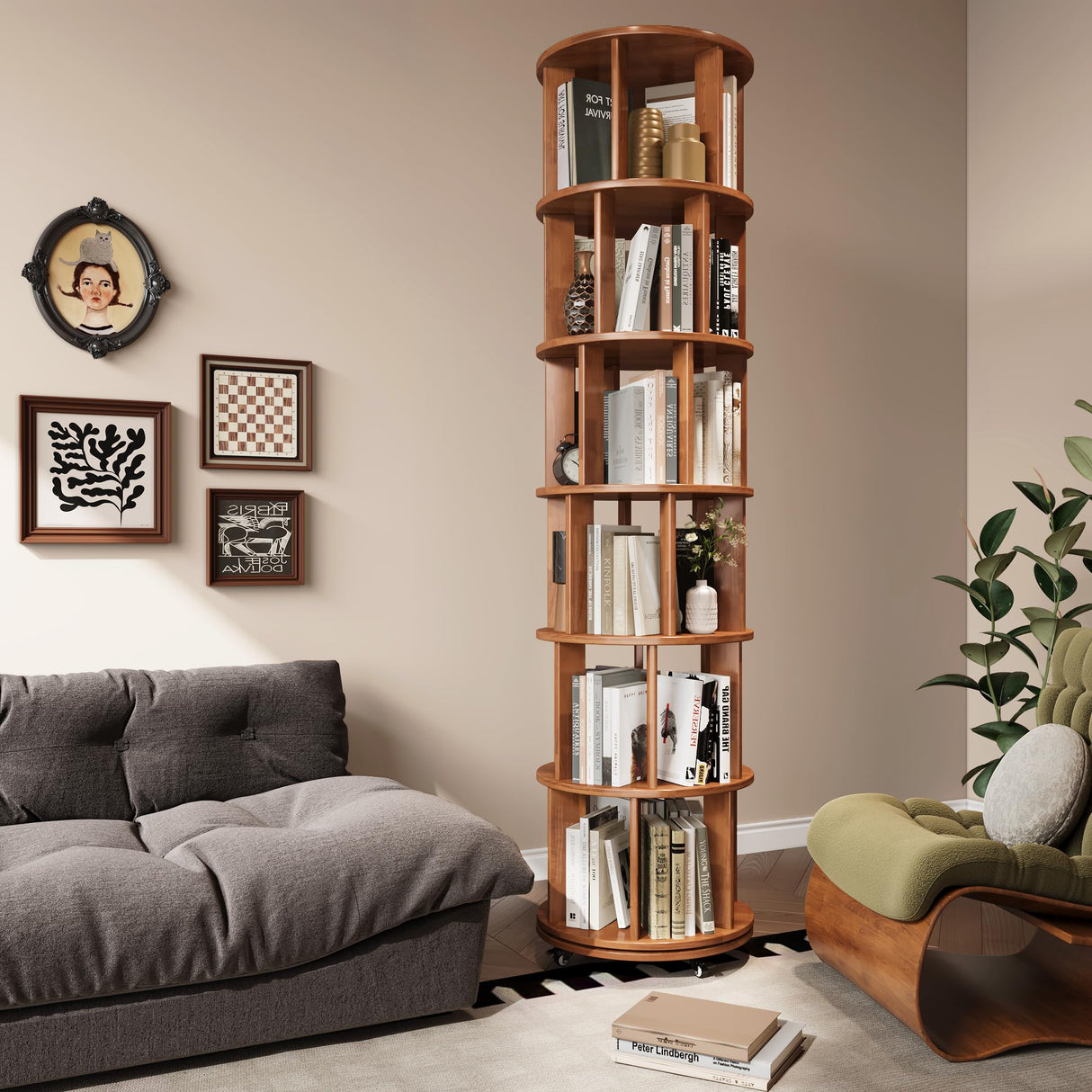 IUNVR 6 Tier Bookshelf Tower, 360° Solid Wood Spinning Bookcase with Swivel Wheels, Floor Standing Book Shelf for Small Space, Bookshelf for Home Office Study Room Bedroom Living Room IUNVR