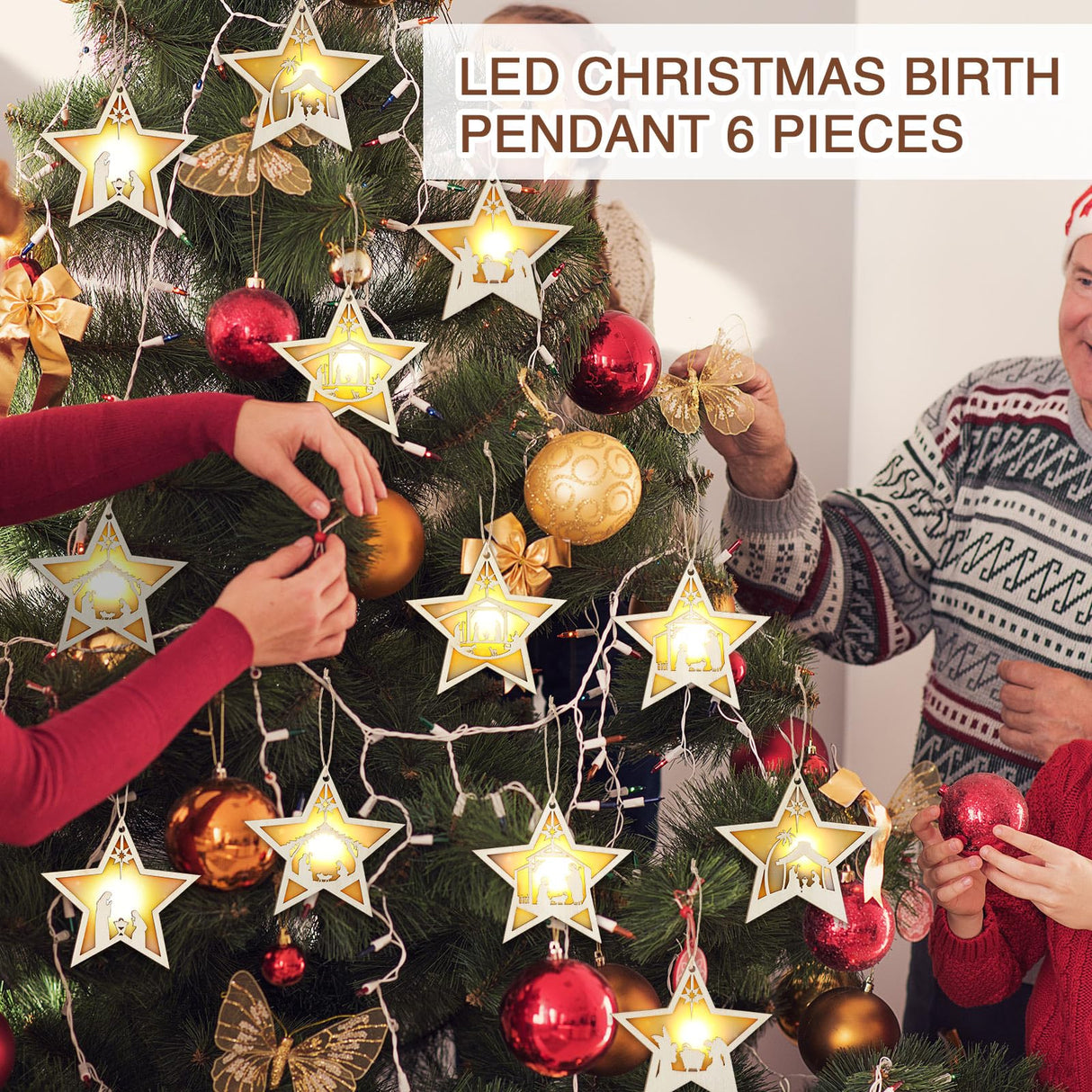 Tujoe 6 Pcs Christmas Nativity Scene Ornament LED Light up Nativity Christmas Ornament Cutout Jesus Wood Acrylic 3D Cut Nativity Wooden Set Christmas Hanging Ornament for Xmas Tree Decorations (Star) Tujoe