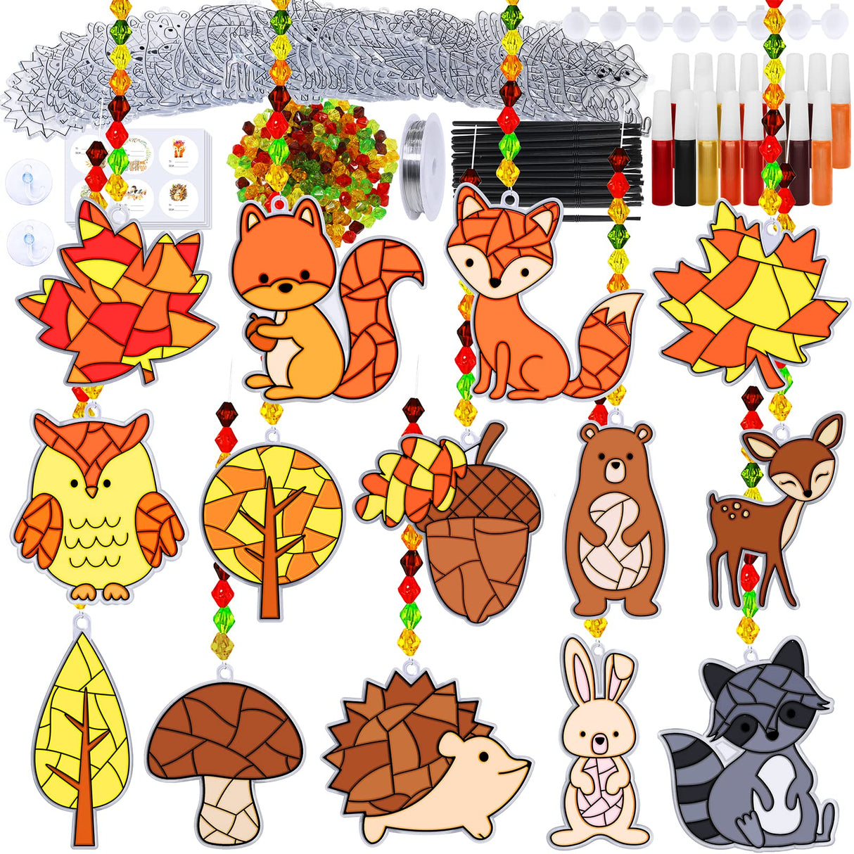 Winlyn 28 Sets Woodland Creatures Suncatchers Ornaments Decorations DIY Window Paint Art Suncatchers Fall Craft Kits Autumn Forest Animals Sun Catchers for Kids Holiday Classroom Activity Art Project Winlyn