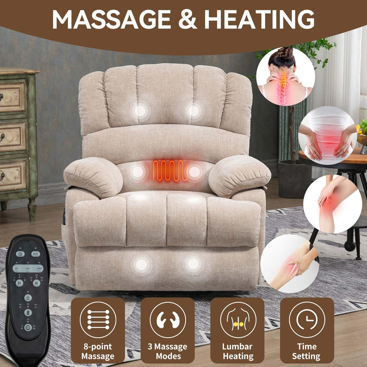 Large Power Lift Recliner Chairs with Massage and Heat for Elderly, Heavy Duty and Safety Motion Reclining Mechanism Chenille Skid Fabric Recliner Chair with USB Ports for Living Room (Beige) MTSVMP