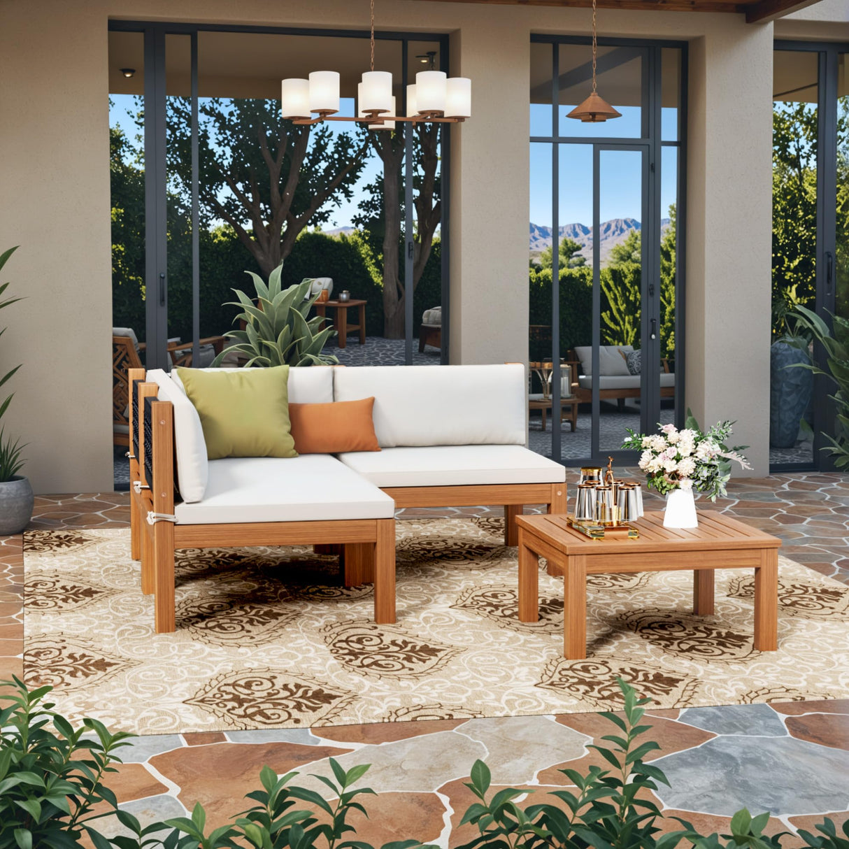 Devoko 4 Pieces Outdoor Sectional Couch Patio Sectional Sofa with Acacia Wood Coffee Table, Outdoor L-Shaped Couch with All-Weather Cushion for Patio,Deck,Backyard(White) Devoko