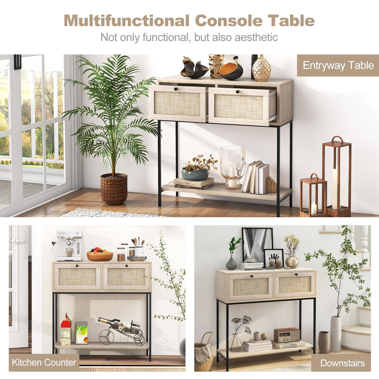 Giantex Console Table with Rattan Drawers - 31.5" Entryway Table w/ 2 Drawers & Open Storage Shelf, Metal Frame, Boho Style Long Sofa Side Table, Narrow Entry Table for Living Room Foyer Hallway Giantex