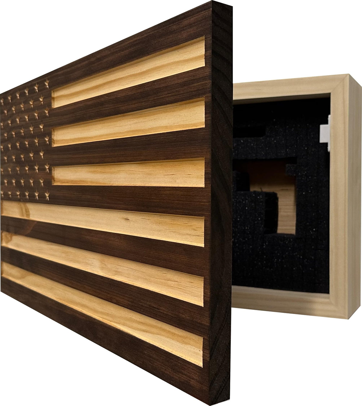 Carved American Flag Hidden Gun Storage Safe - American Flag Concealed Gun Storage Cabinet by Bellewood Designs (Red Mahogany) Bellewood Designs