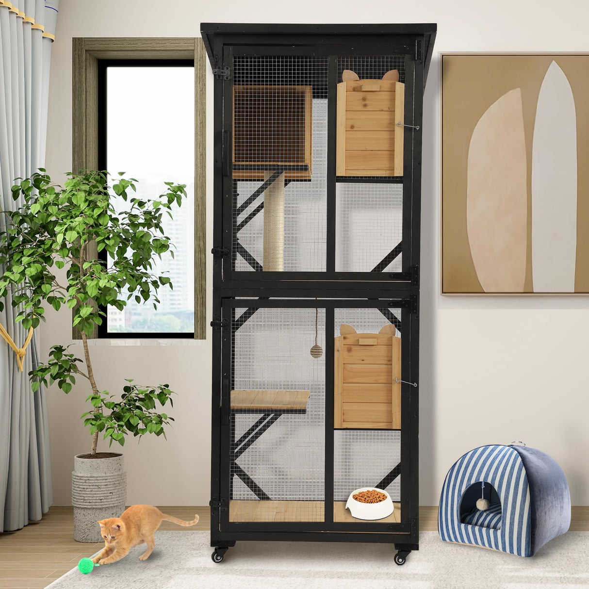 GIODIR 71" H Cat Catio Outdoor Cat Enclosure Window, 4 Tiers Cats Wooden House Cage on Wheels, Large Catios for Cats Indoor Patio with Waterproof Roof, Removable Floor and Scratching Post(Black) GIODIR