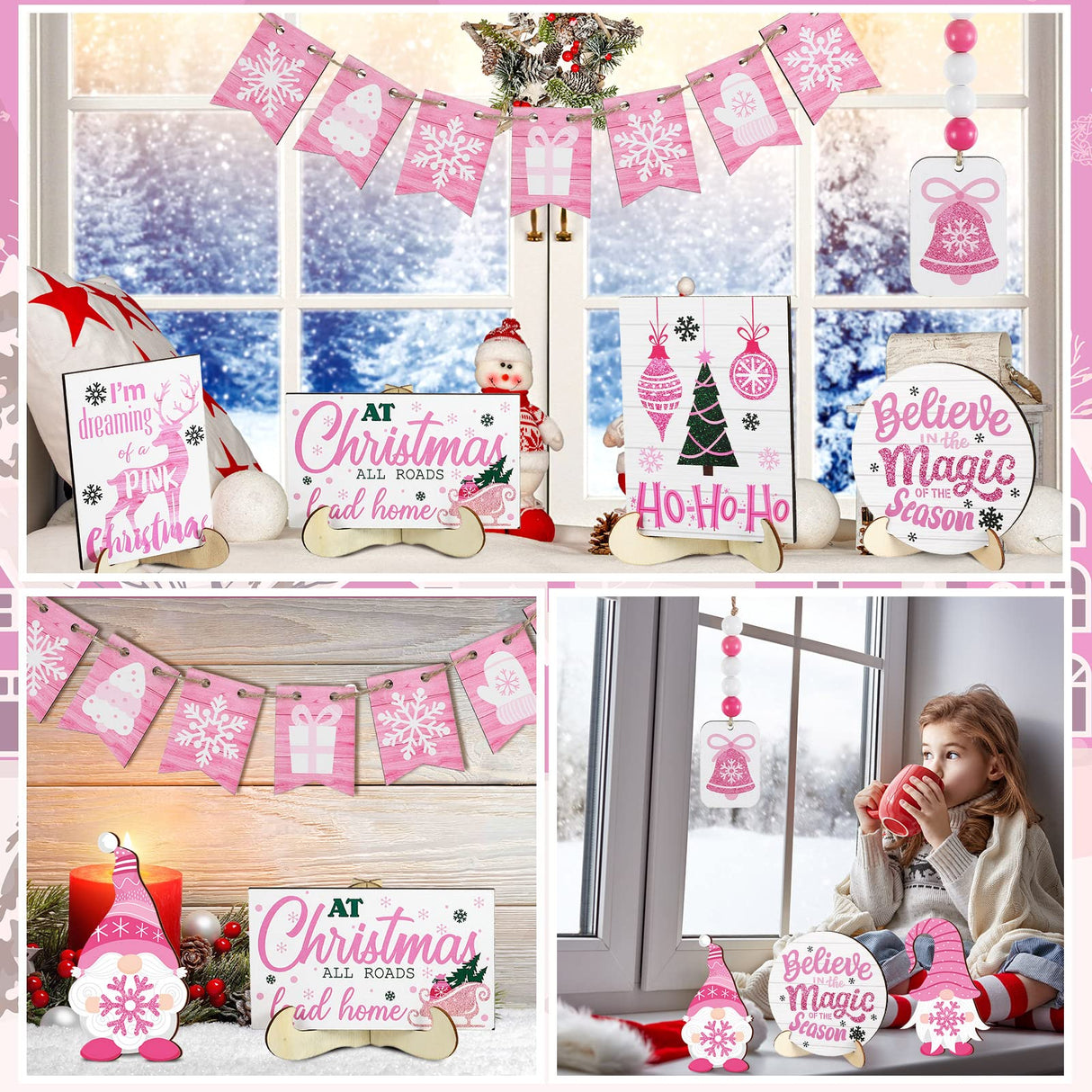 Bucherry 15 Pieces Christmas Tiered Tray Decor Gingerbread Christmas Farmhouse Table Decorations Tiered Tray Xmas Decor Set Winter Wooden Sign Tabletop for Xmas Party (Romantic Style) Bucherry