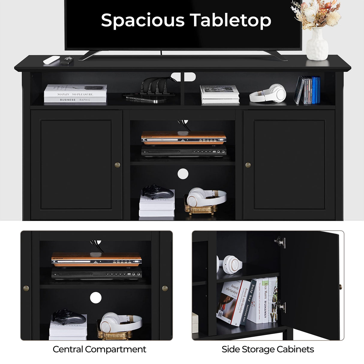 Yaheetech Black TV Stand with Doors for TVs up to 65 in, Modern TV Console with Power Outlet & Storage Shelf, Mid-Century Entertainment Center for Living Room, 31 in Tall Yaheetech