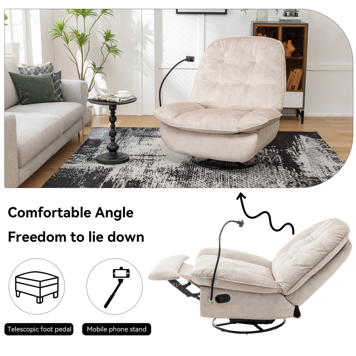LEHZROAJ Swivel Rocker Recliner Chair for Adult, Power Glider Nursery Rocking Chair, Armless Single Recliner Sofa for Living Room, Oversized & Overstuffed, Phone Holder Included, White LEHZROAJ