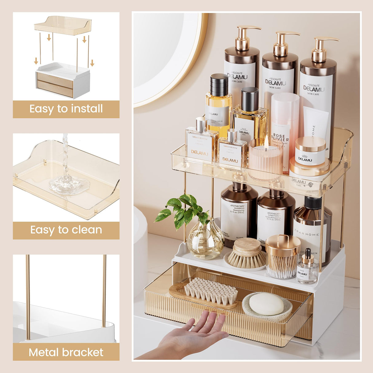 Delamu Bathroom Organizers and Storage, 2-Tier 2-Drawer Makeup Organizer Countertop, Easy to Install, Ideal for Bathroom Storage, Vanity, Large Skincare, Perfume, Present, and More, Amber Delamu