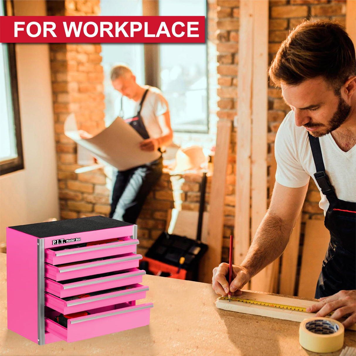 P.I.T. Mini Pink Tool Box, Portable 5-Drawer Micro Roll Cab Steel Tool Box with Liner, Pink Small Tool Case for Tools Storage, Home DIY P.I.T.