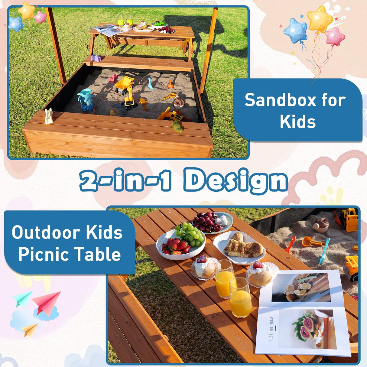 Sand Box Kids Sandbox Outdoor with Lid Cover with Kids Picnic Table Foldable Sand Pit FunXplore