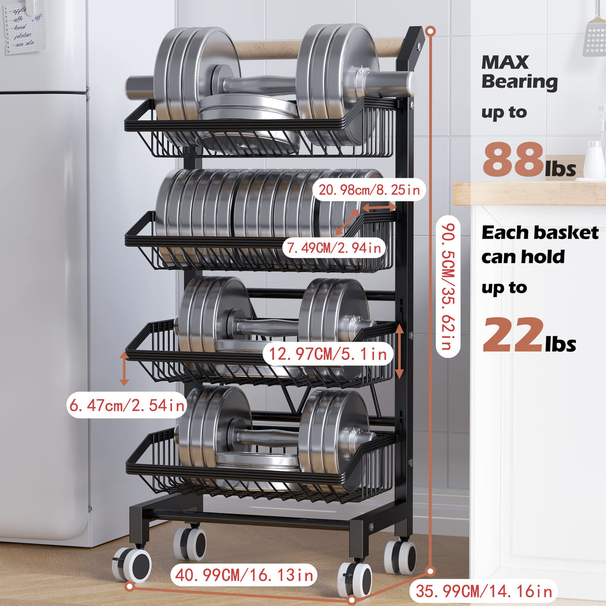 COVAODQ Snack Cart with Wheels 4-Tier Adjustable Fruit Rack Fruit Vegetable Basket Cart Metal Wire Storage Cart Rolling Pantry Utility Kitchen Cart COVAODQ