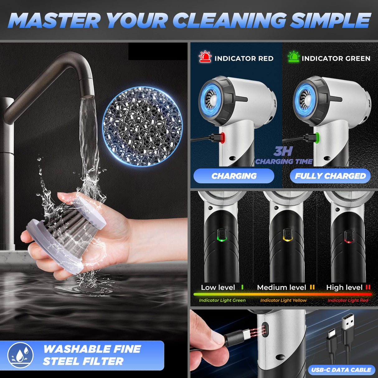 Saker Car Vacuum Portable Cordless17000PA Handheld Vacuum Rechargeable Foldable Vacuum Cleaner with Brushless Motor for Home,Office Pet and Car Cleaning HL132 Black Saker