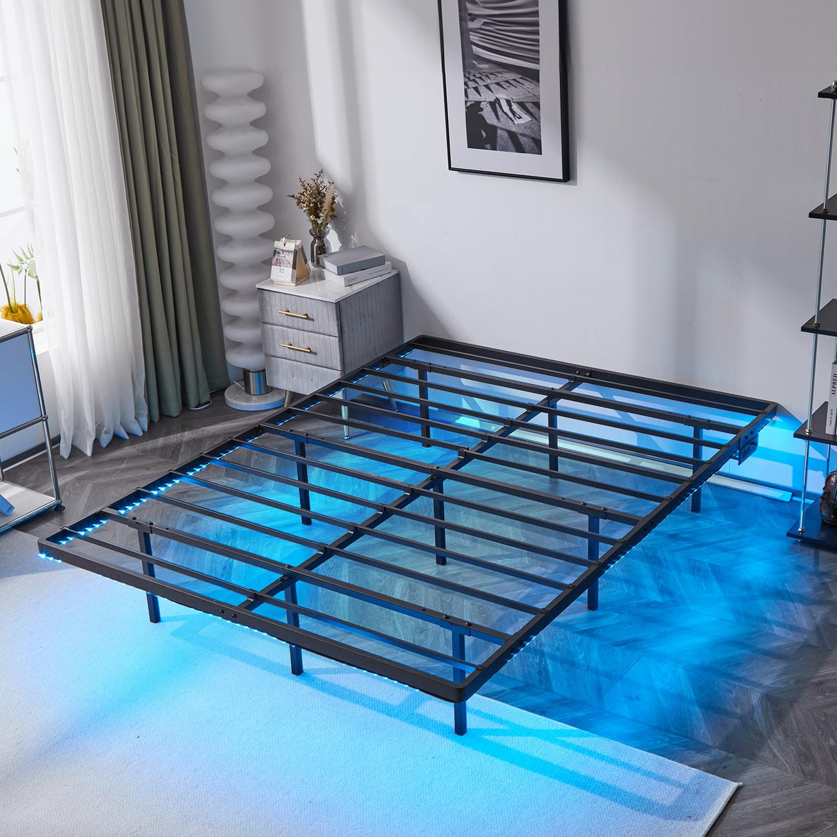 VINGLI Queen Floating Bed Frame with USB Charging Station and LED Lights – Heavy Duty Metal Platform Bed, No Box Spring Needed, Black VINGLI