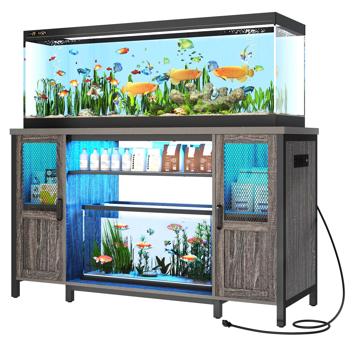 Hlivelood 55-75 Gallon Fish Tank Stand with Power Outlet&LED Lights, Heavy Duty Metal Aquarium Stand for 2 Fish Tank Accessories Storage, Suit for Turtle Tank, Reptile Terrarium, 880lbs Capacity, Grey Hlivelood