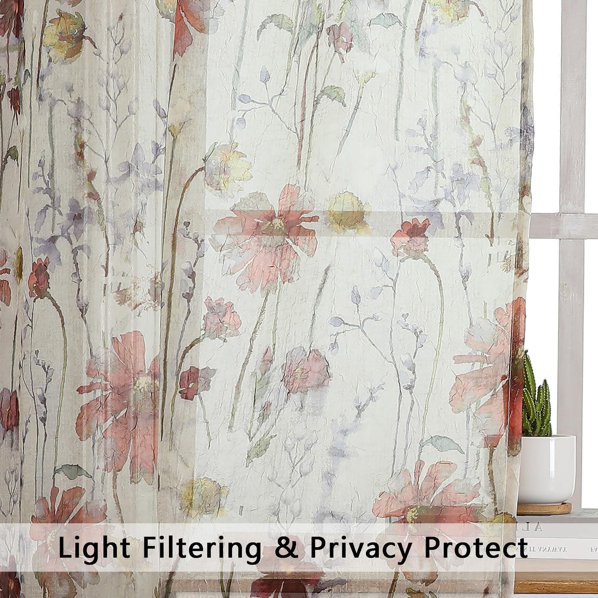 OWENIE Crushed Semi Sheer Curtains 72 Inches Length 2 Panels, Floral Pattern Design Rod Pocket Light Filtering Farmhouse Curtains for Bedroom Living Room, 2 Pieces Total 84 Inch Wide, 72 inch Long OWENIE