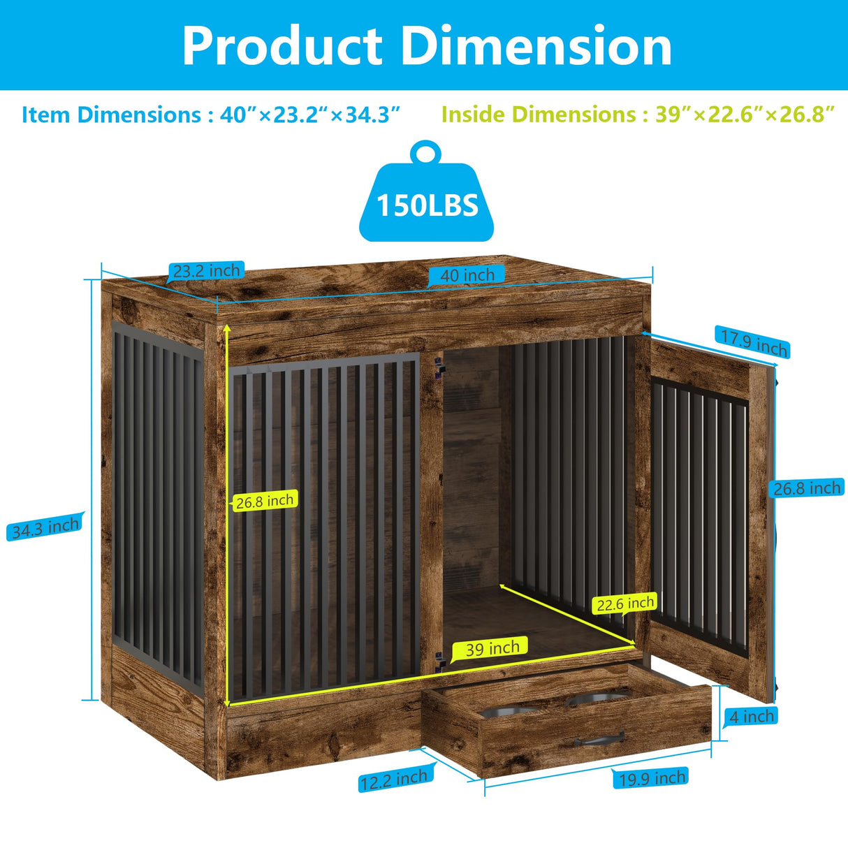 yookare Rustic Brown Heavy Duty Furniture Dog Crate, Wood and Metal Kennel Cage, Pet House End Table with Drawer and Pull-Out Design, Dog Home for Indoor use, Large Size yookare