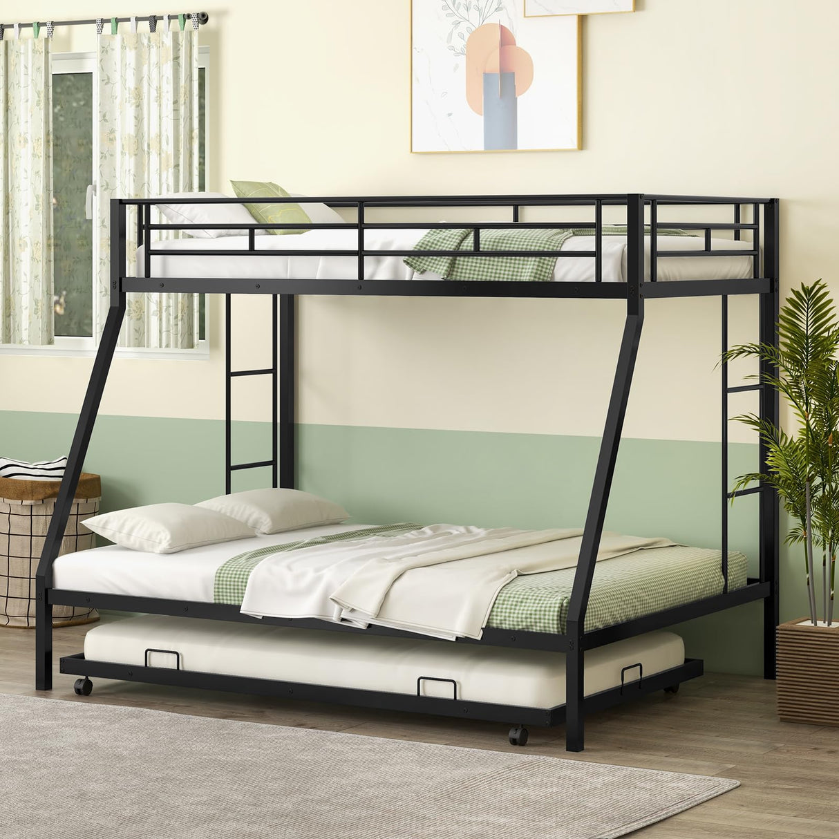 Giantex Twin Over Full Bunk Bed with Trundle, Heavy-Duty Metal Triple Bunk Beds w/Two Side Ladders & Safety Guard Rail, 3 in 1 Bunk Beds for Kids Teens, No Box Spring Needed, Black Giantex