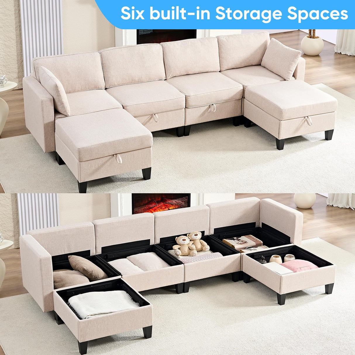 Mjkone 109" Width Modular U Shaped Sofa Couch with Storage, Convertible Sectional Couches for Living Room Sets Furniture with Reversible Chaise, 4 Seat Sofa Couch with Ottomans for Home Office, Beige Mjkone